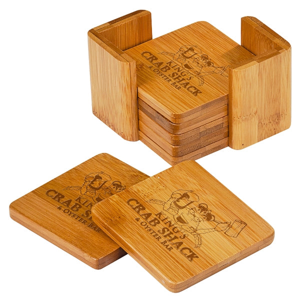 Engraved Bamboo Square 6 Coaster Set